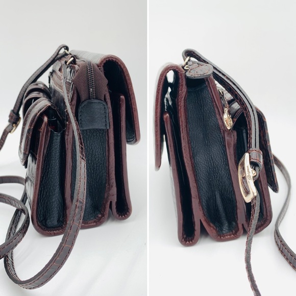 BRIGHTON✨Vintage Chestnut Croc Embossed Leather Organizer Crossbody - Picture 6 of 14